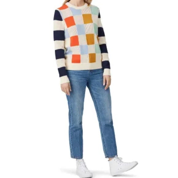 Tory Sport Colorblock Checker Knit Sweater in Ivory, Blue, Mustard & Coral - Picture 5 of 8